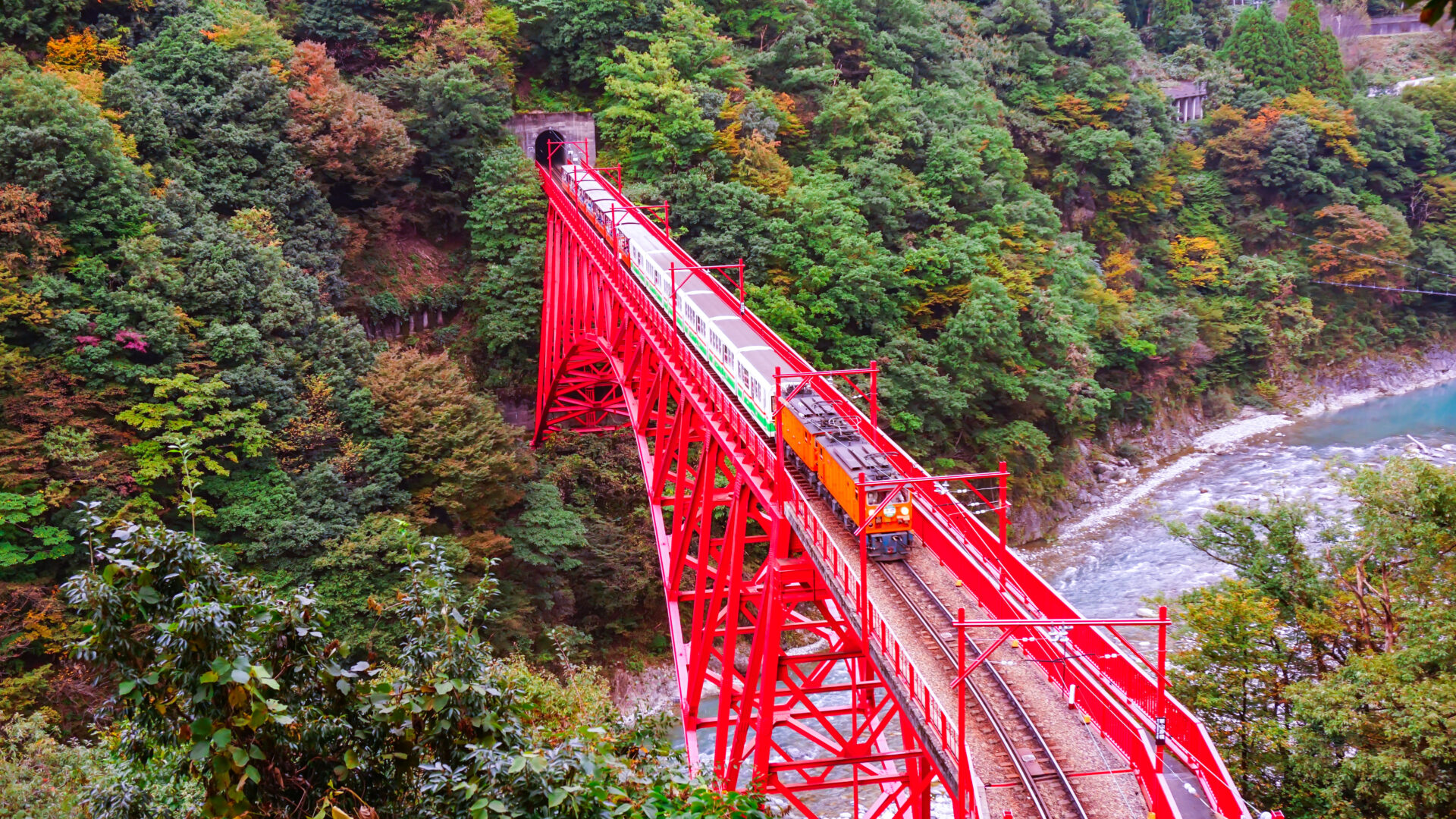 Train on Shin Yamabiko red bridge cross the river at Unazuki station in Kurobe gorge